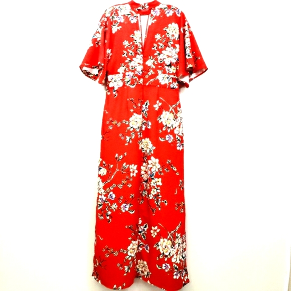 Nwot Truth & Fable Red Multicolor Floral Flutter Sleeve Maxidress - Picture 5 of 14